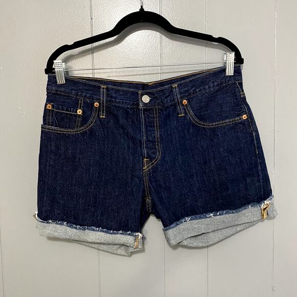 Levi's Blue Dark Wash Denim 501 Cuffed Button Fly Summer Beach Shorts 28 - Picture 1 of 8